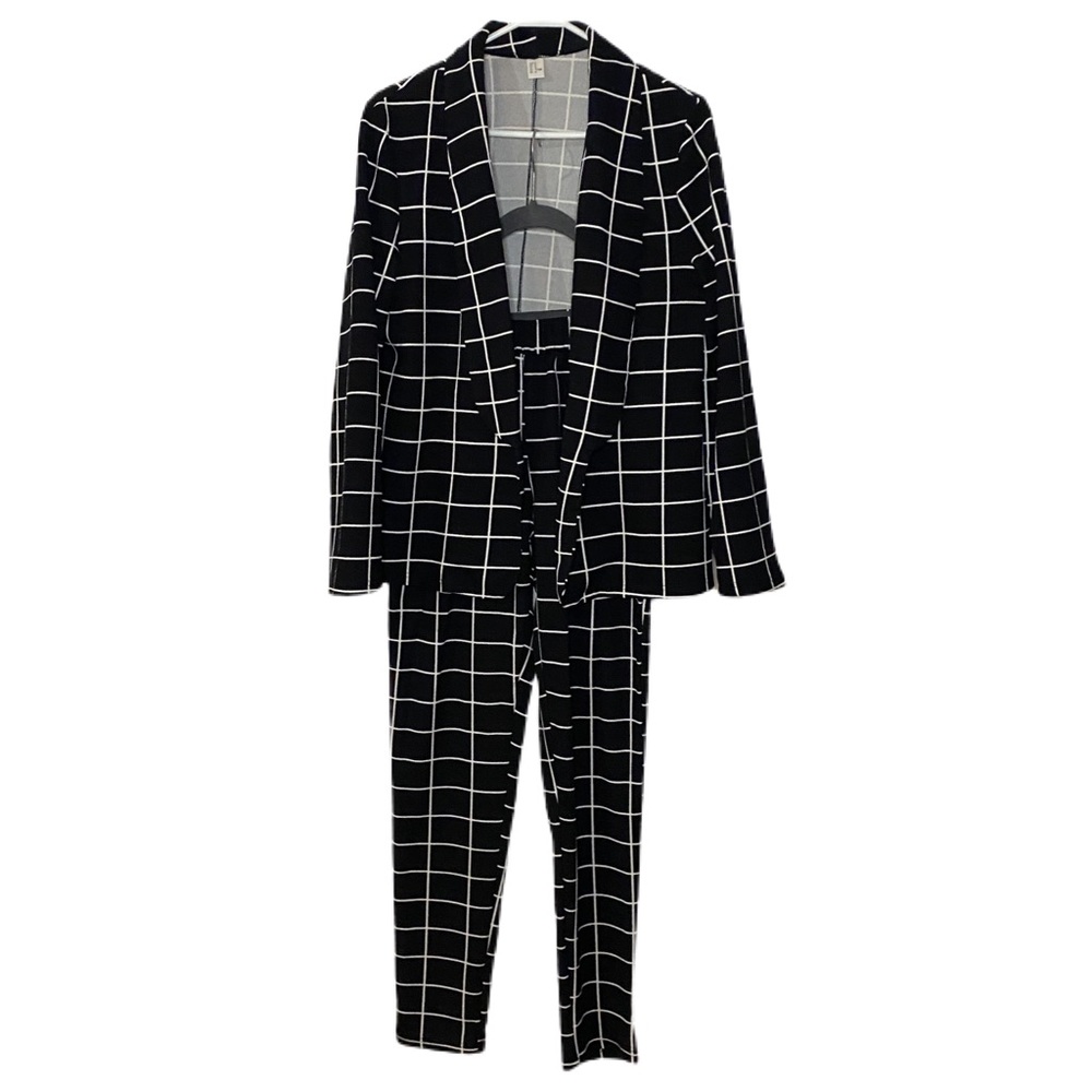 SHIEN Grid Print Blazer & Straight Leg Pants Set
